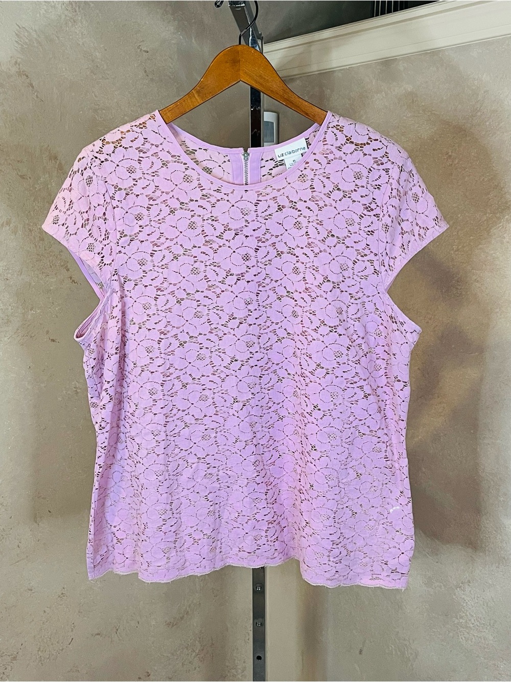 Vintage Liz Claiborne Pink Mauve Floral Lace Cap Sleeve Blouse XL